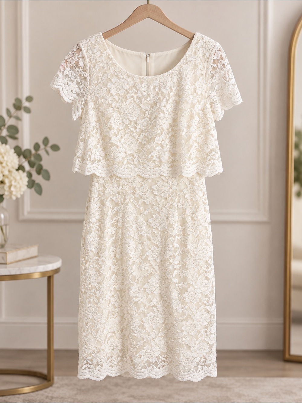 London Times Ivory Lace Cocktail Dress Size 8 NWT Midi Sheath Overlay Dress